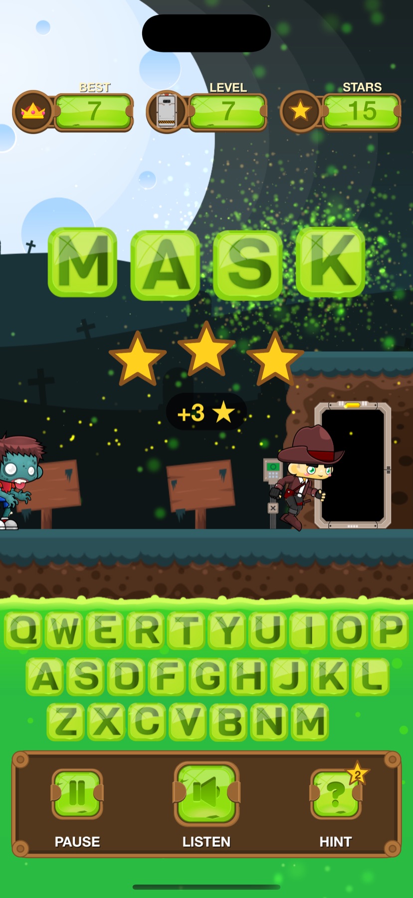 Zpell: the word MASK spelled out, three gold stars earned and the door open
