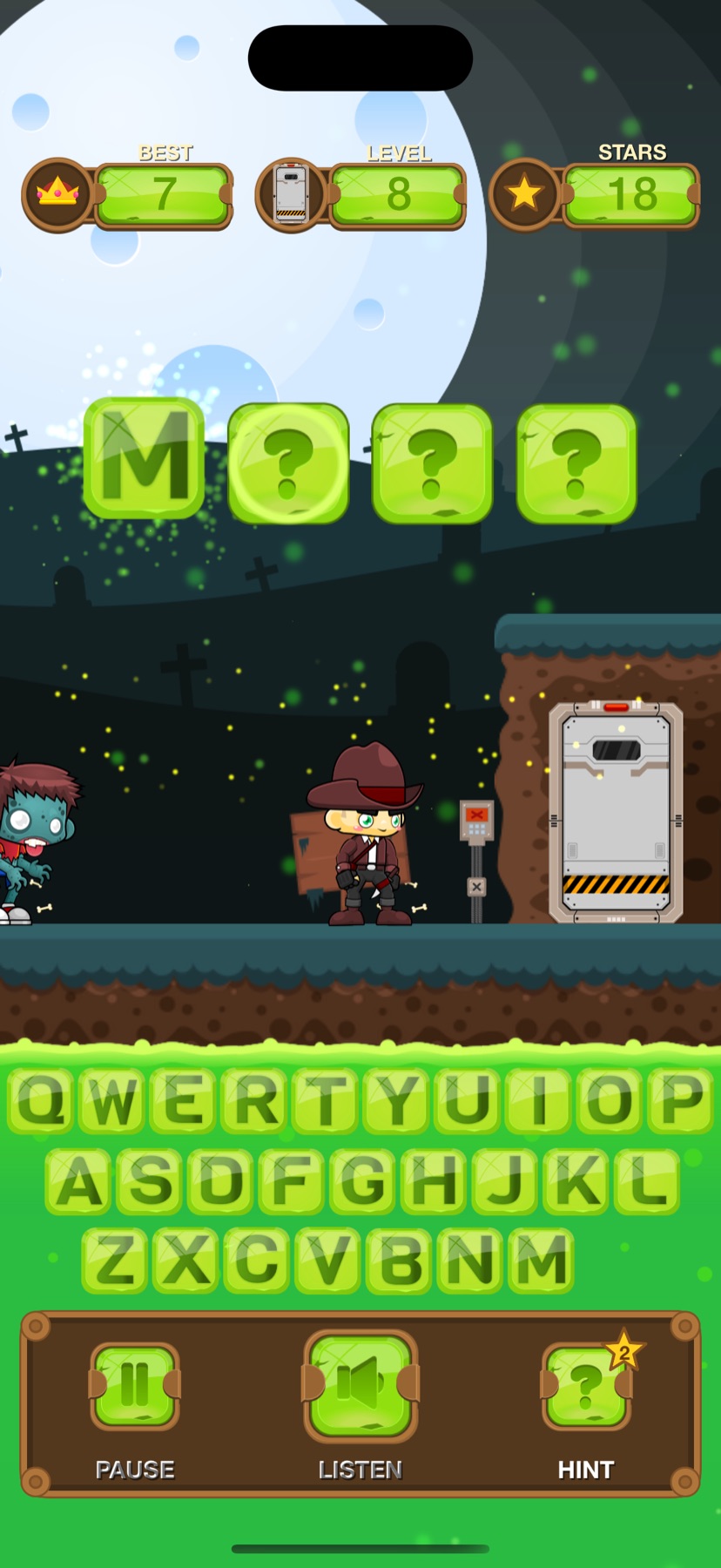 Zpell gameplay: the letter M lands in its place with sparks while the zombie waits on the left