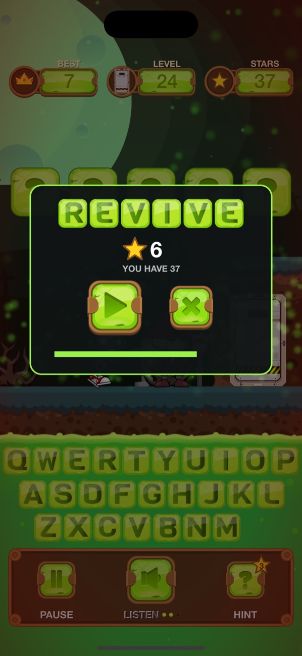 The Revive panel: spend six stars to push the zombie back and keep playing